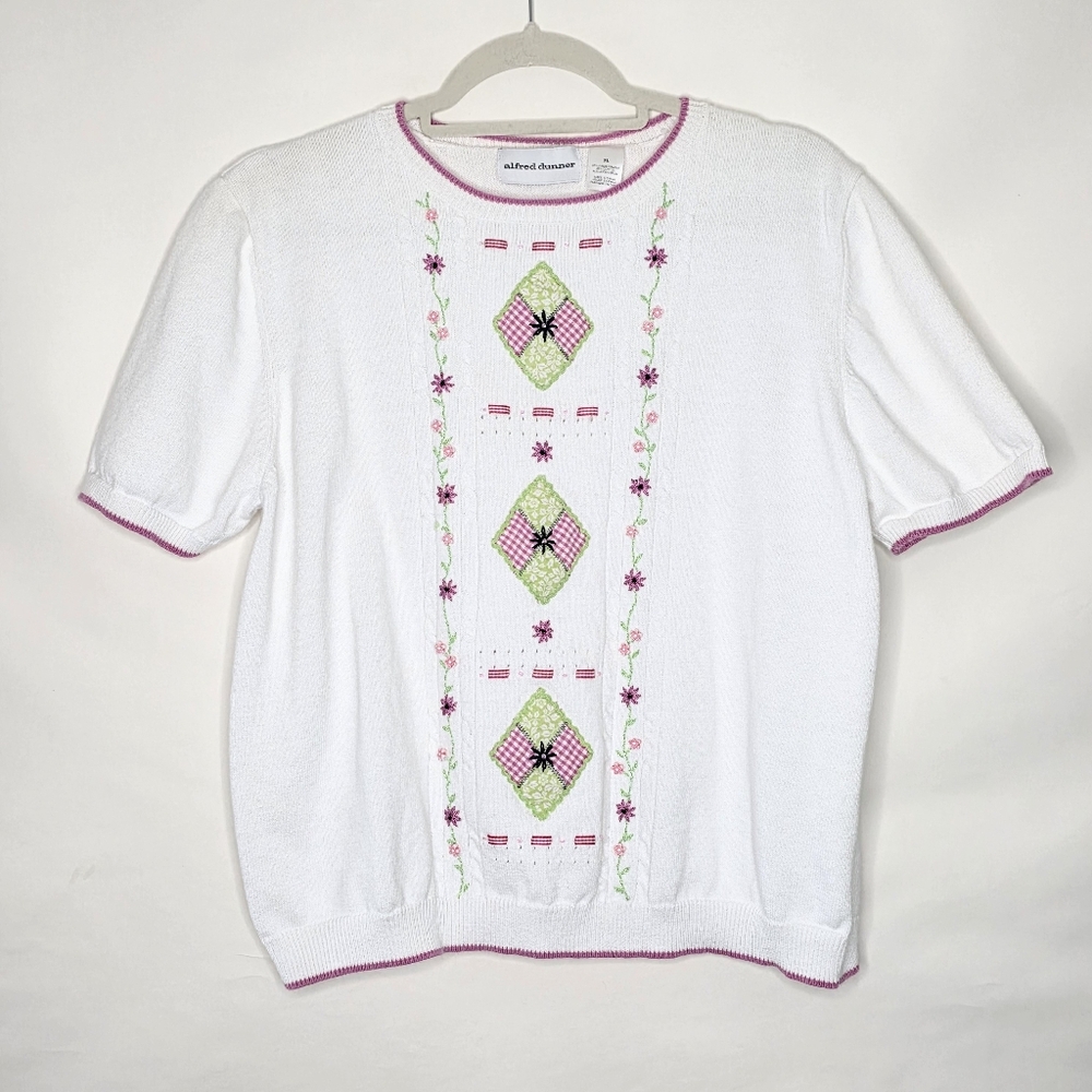 Floral Embroidered Short Sleeve Knit Top Size XL Pullover‎ White Sweater Preppy